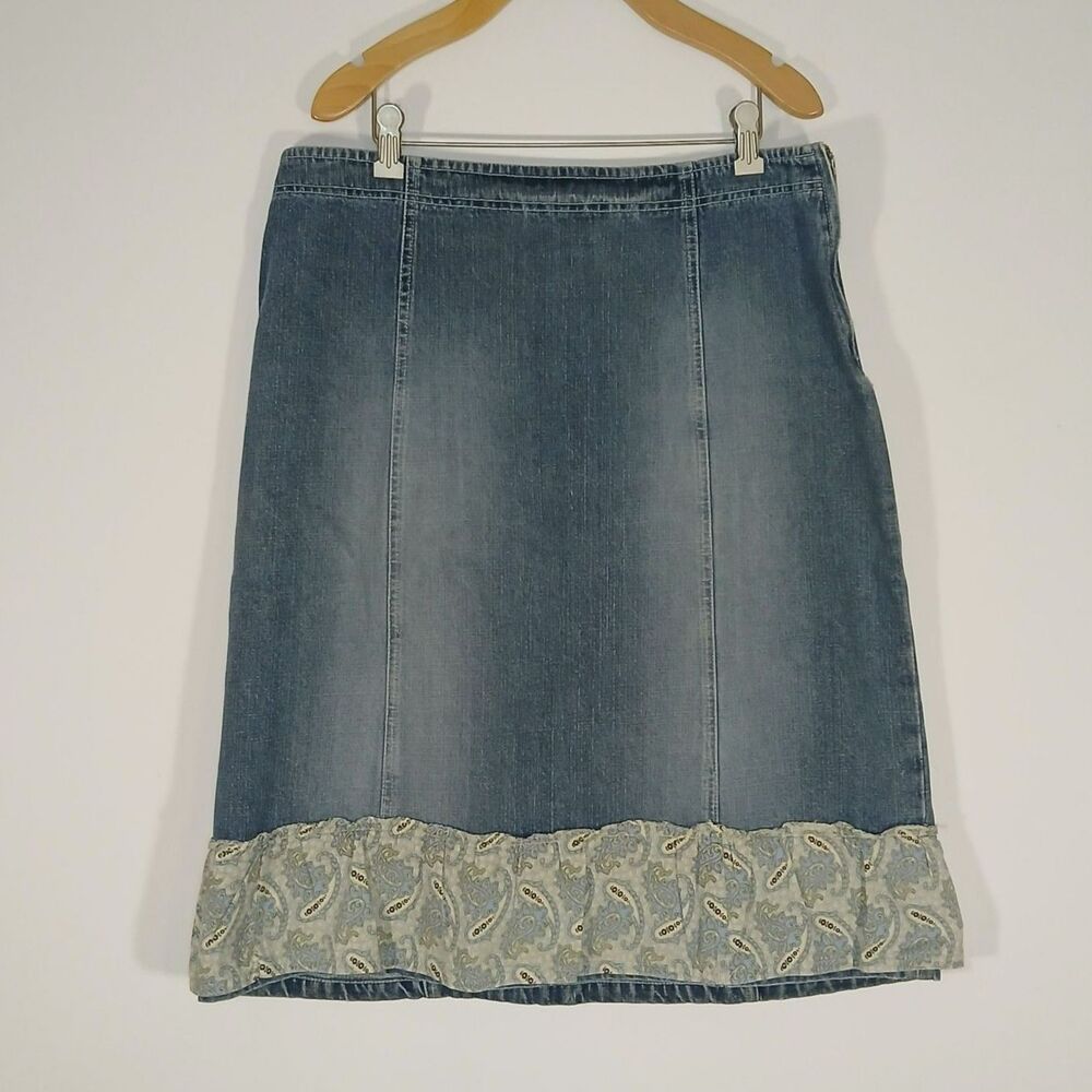 Vintage Sareet Paneled Denim Skirt Paisley Hem Size 14
